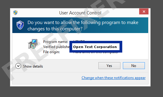 Screenshot where Open Text Corporation appears as the verified publisher in the UAC dialog